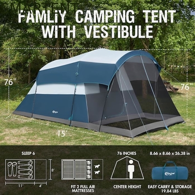 6.1*2.44*1.93M Außen-Doppelfarbenblau-grau-wasserdicht beschichtet Polyester-Großfamilien-Camping-Zelt für 6-8 Personen fournisseur